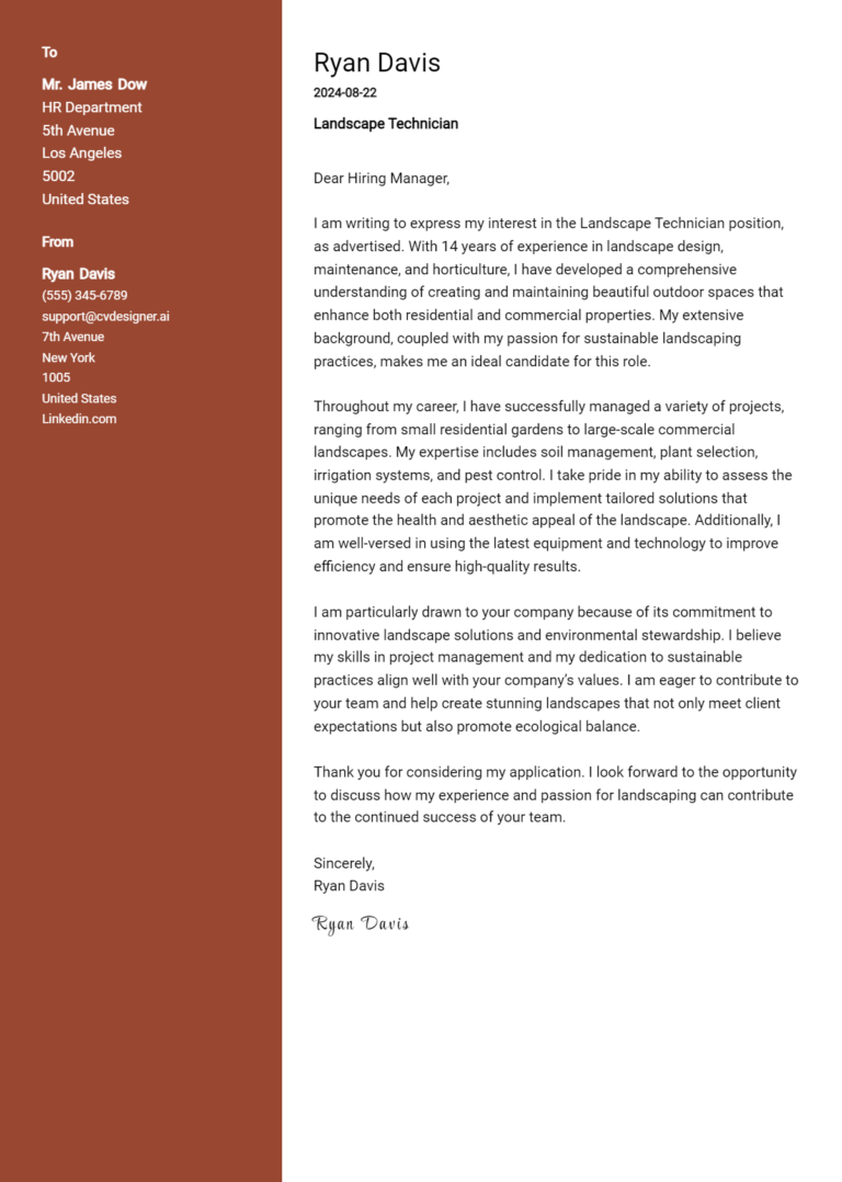 Landscape Technician Cover Letter Example for 2025 (Free Templates)