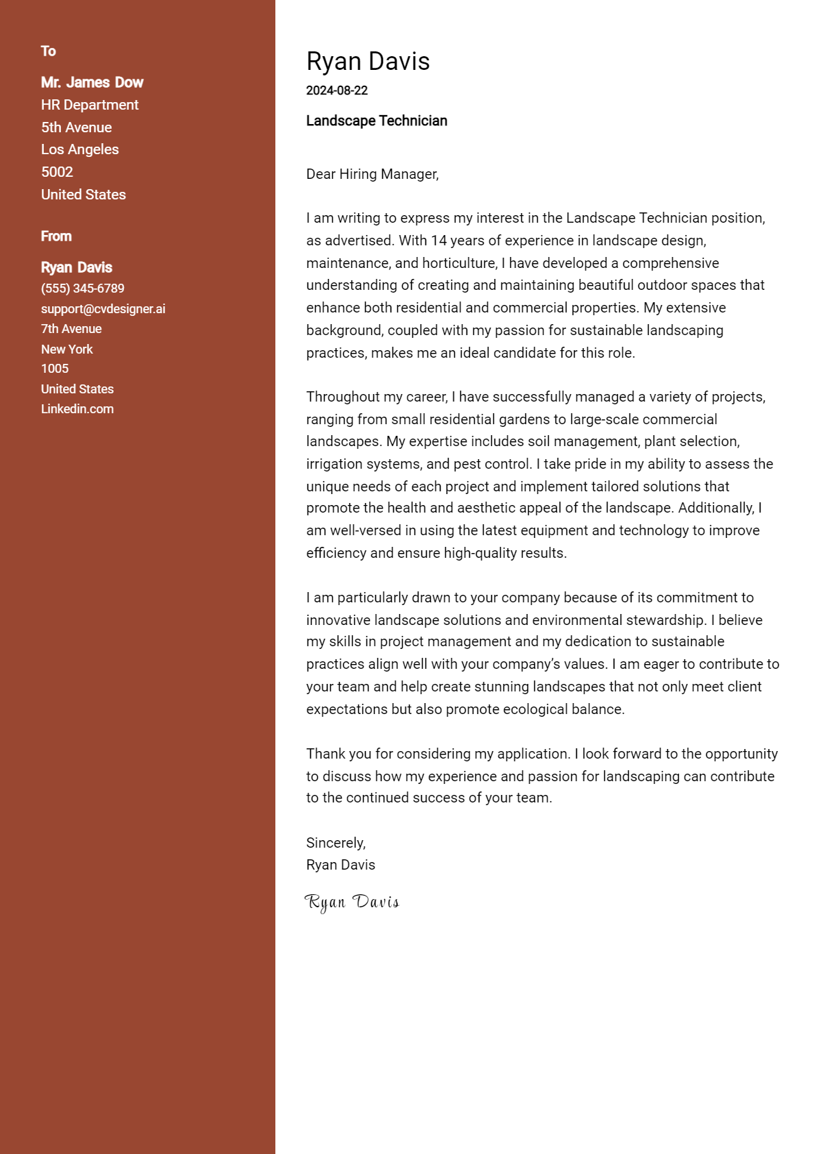 landscape technician cover letter example