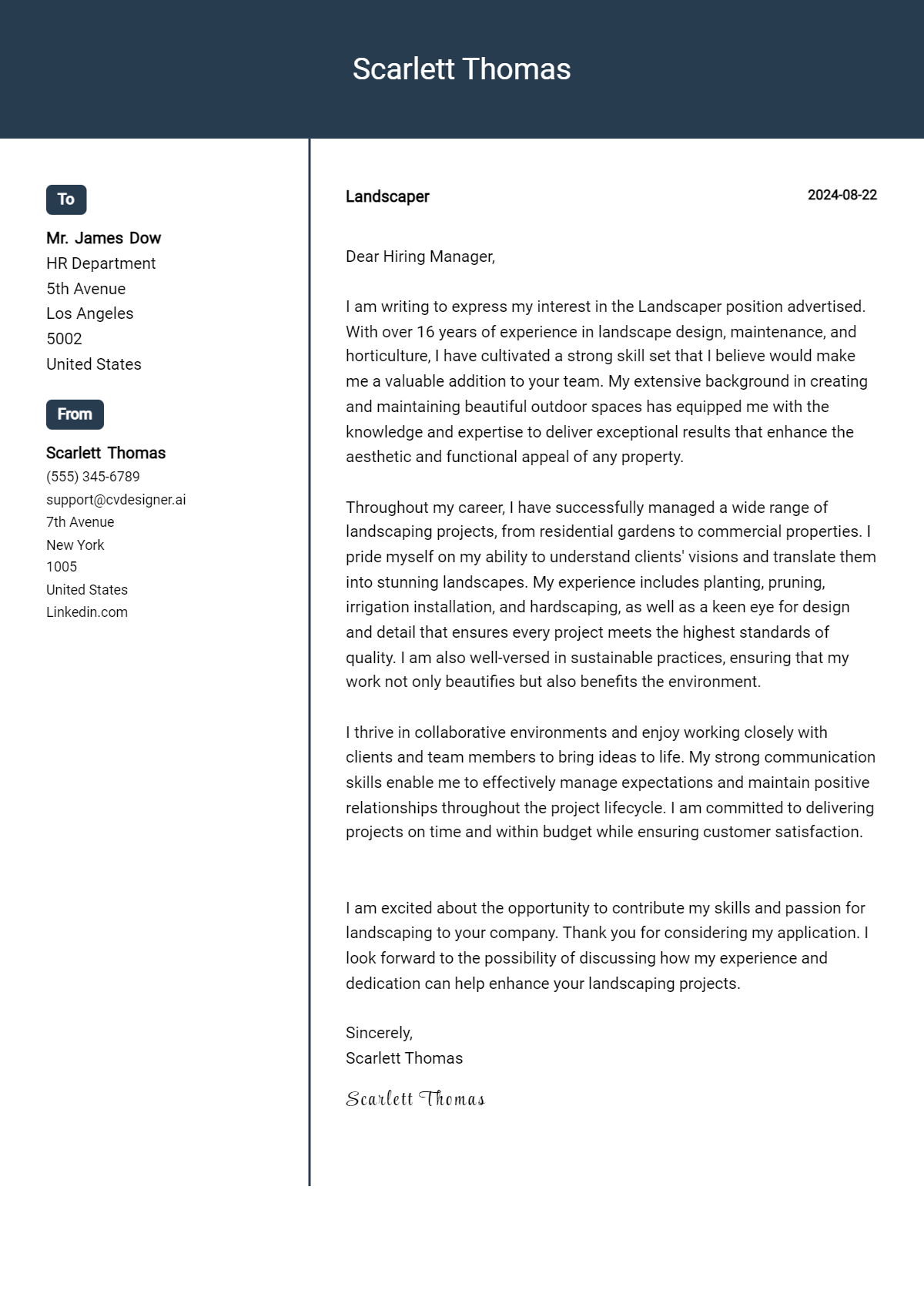 landscaper cover letter example