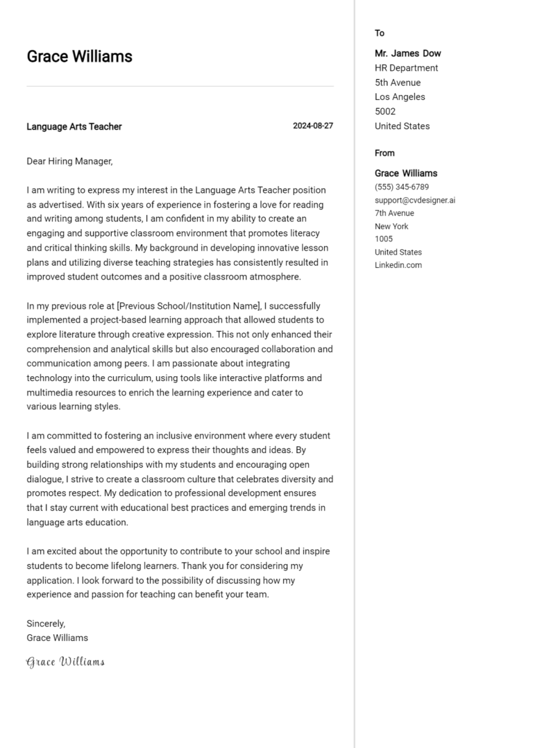 Language Arts Teacher Cover Letter Example for 2025: Free Templates