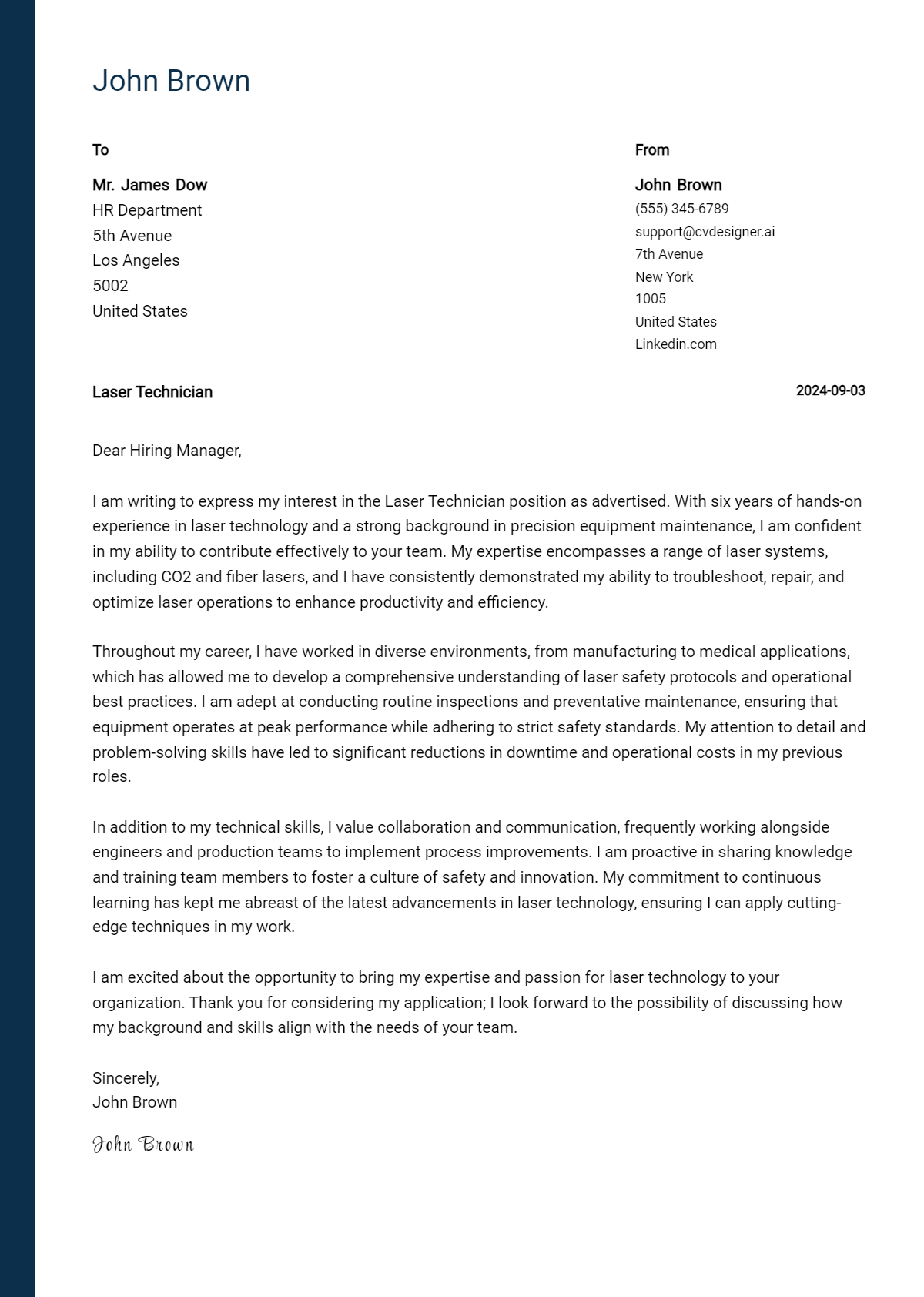 laser technician cover letter example