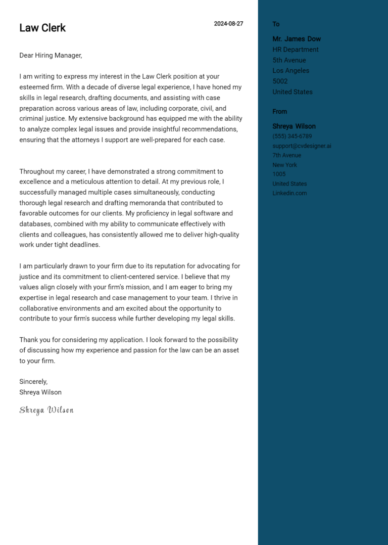 Law Clerk Cover Letter Examples for 2025 (Downloadable) 1 Law Clerk Cover Letter Examples for 2025 (Downloadable)