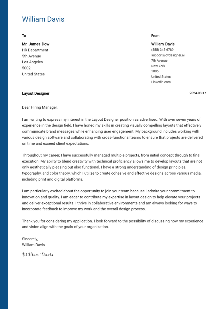10 Layout Designer Cover Letter Examples with Writing Tips for 2025
