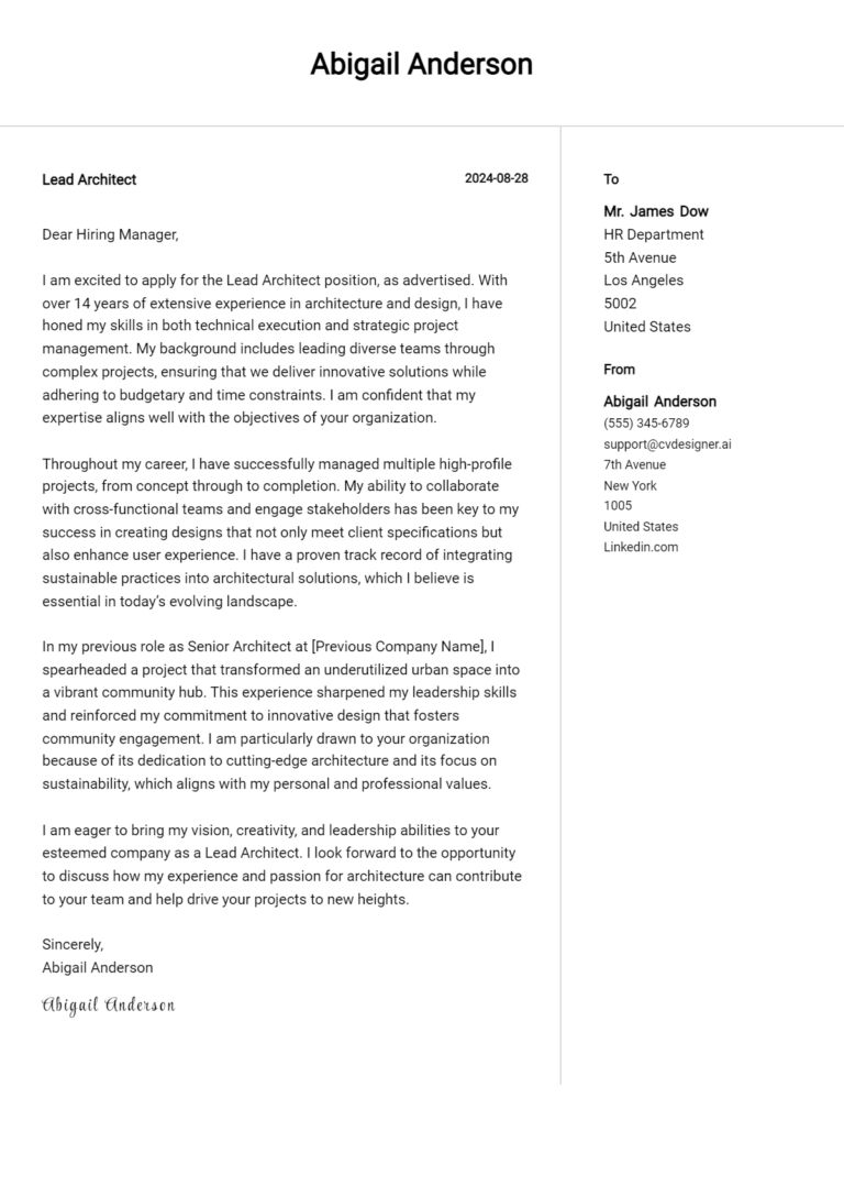 Lead Architect Cover Letter Example for 2025 (Free Templates)