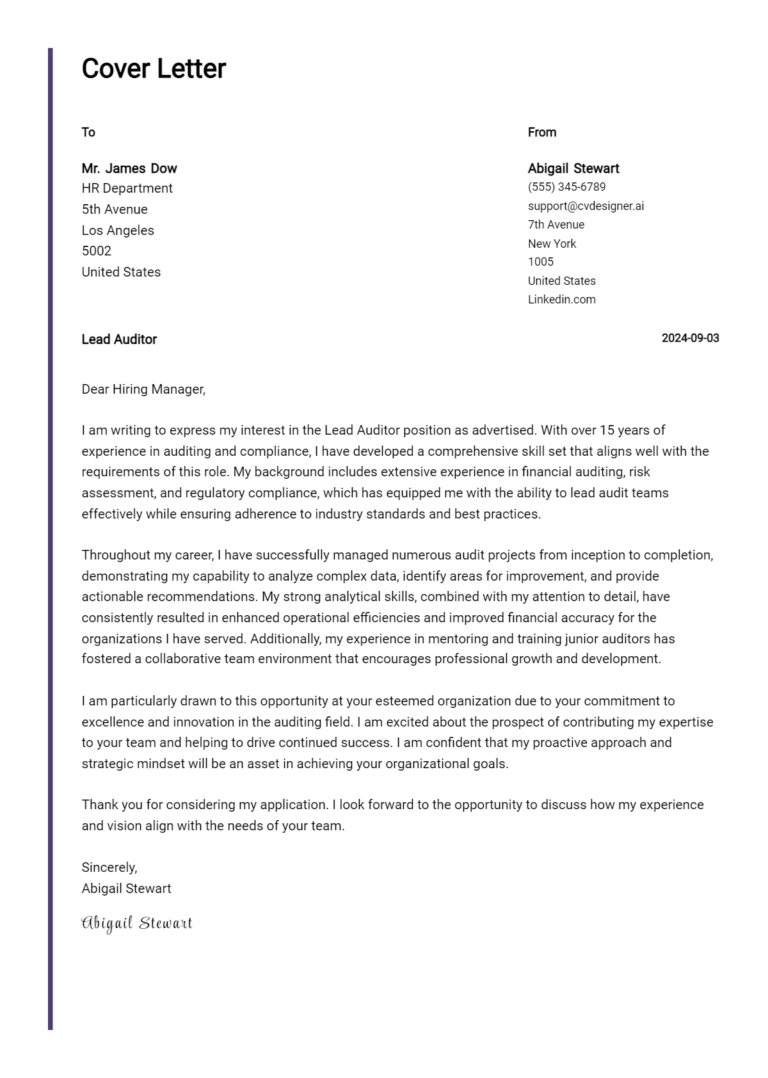 12 Lead Auditor Cover Letter Examples for 2025 (Download Templates)