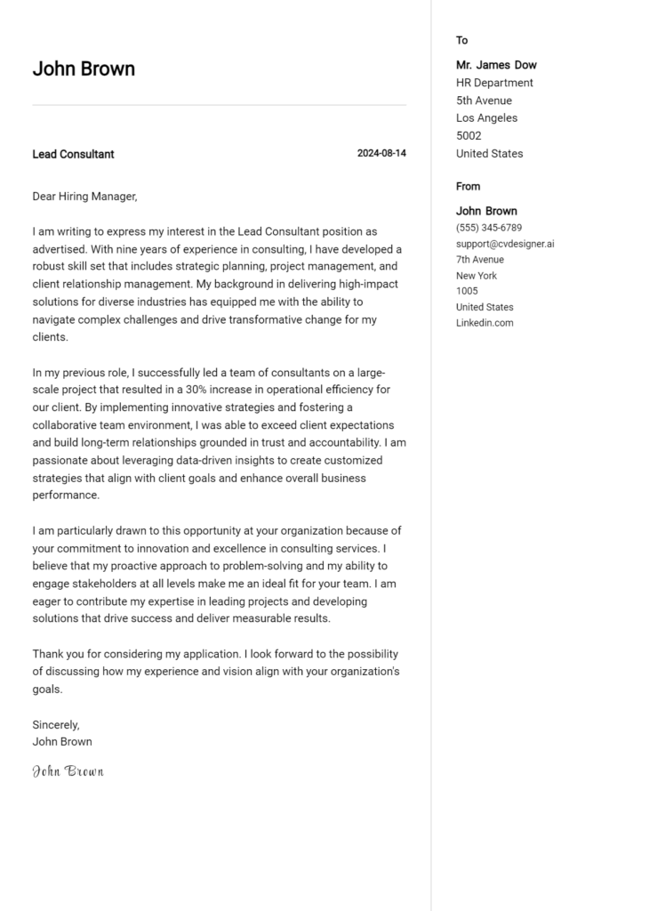 lead consultant cover letter example