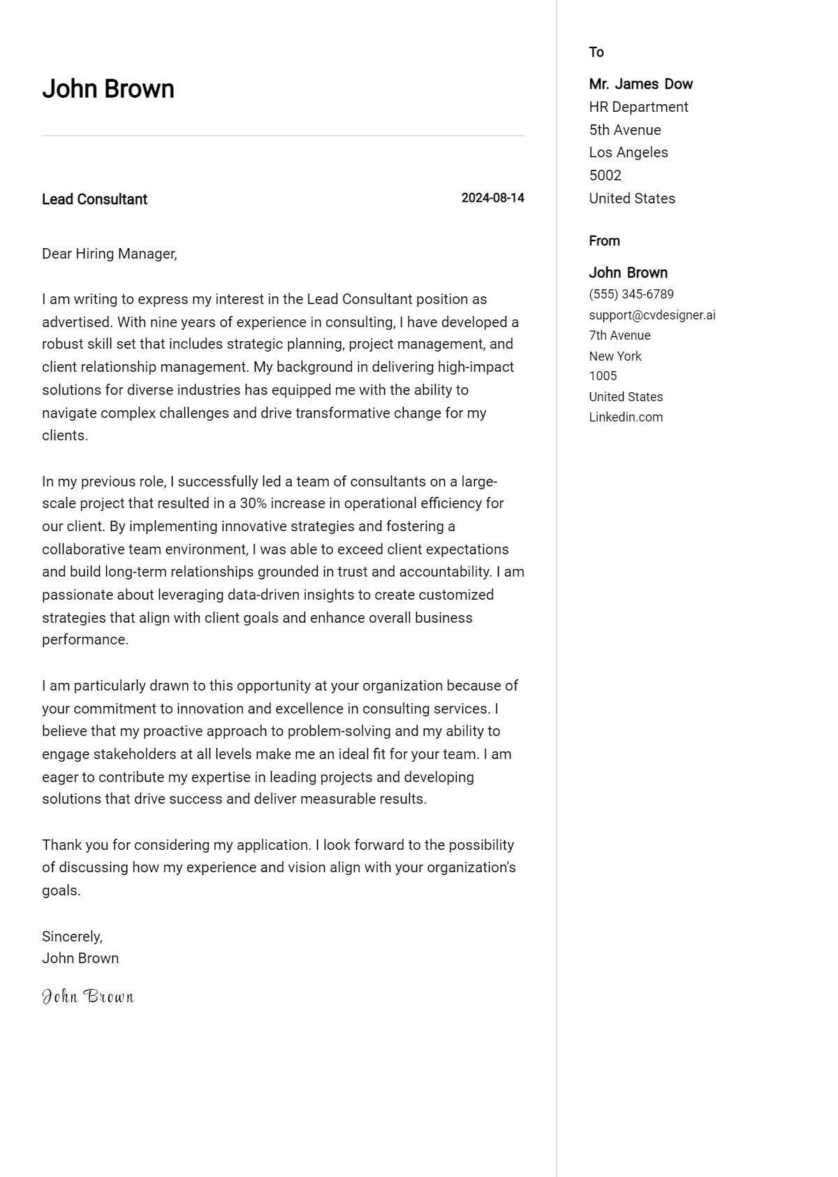 lead consultant cover letter example