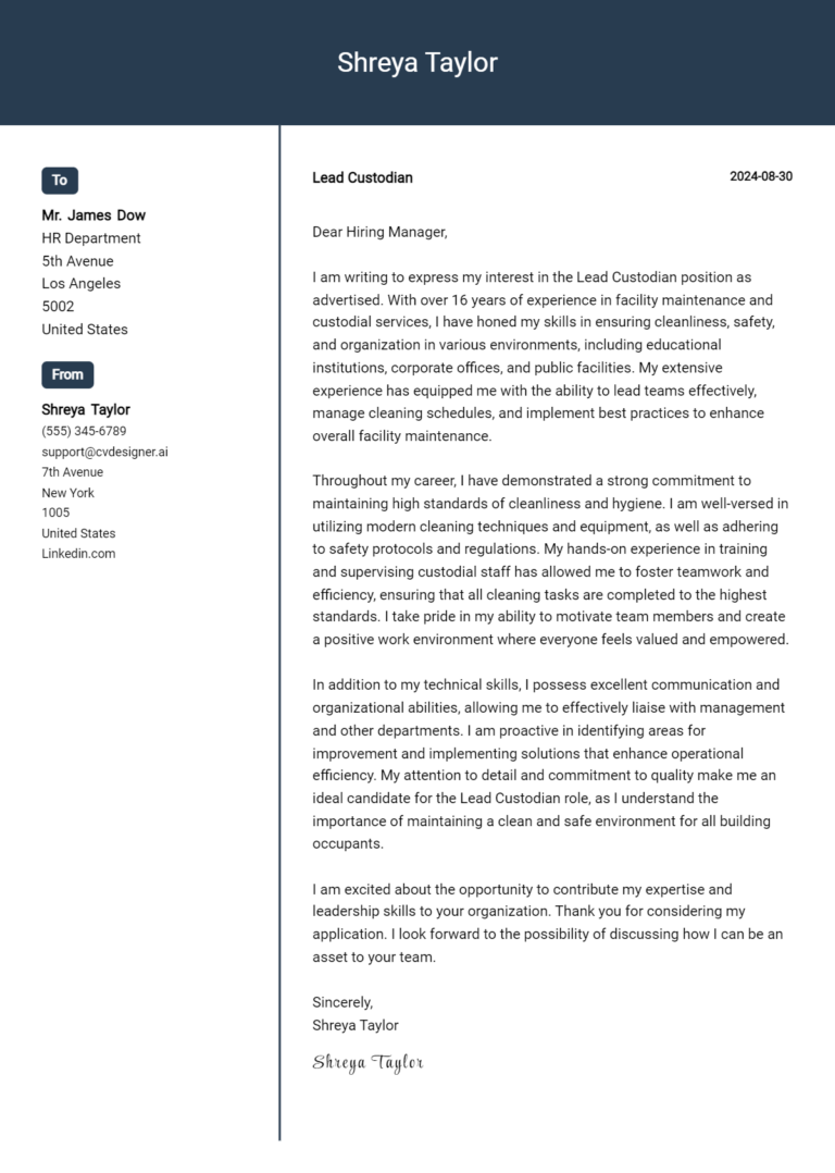 Lead Custodian Cover Letter Examples and Templates for 2025