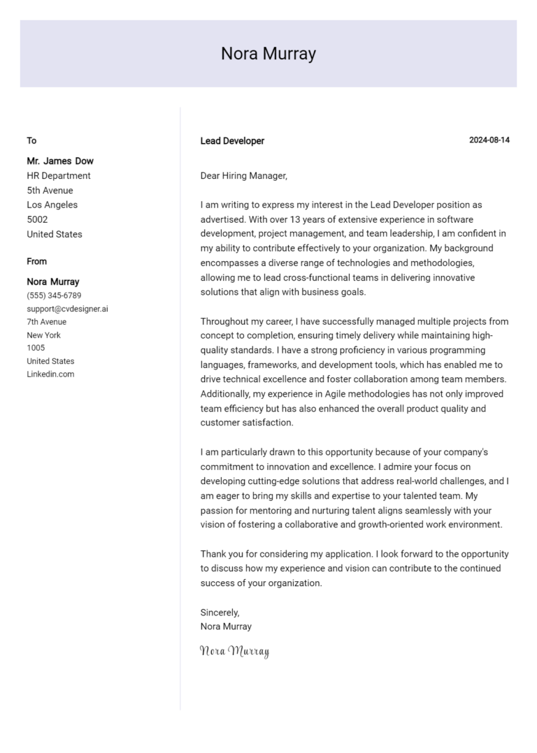 Lead Developer Cover Letter Example for 2025: Proven Tips