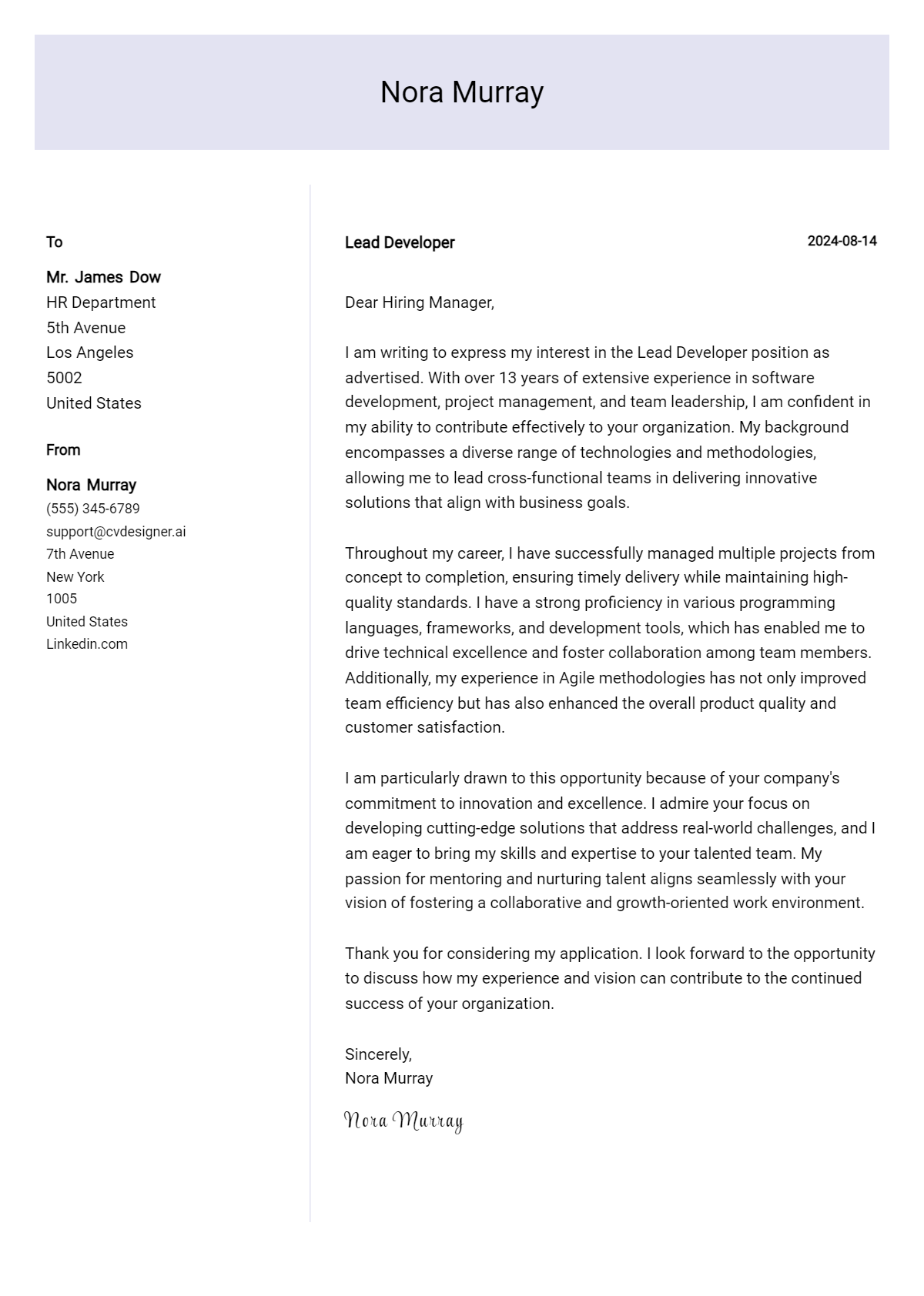 lead developer cover letter example