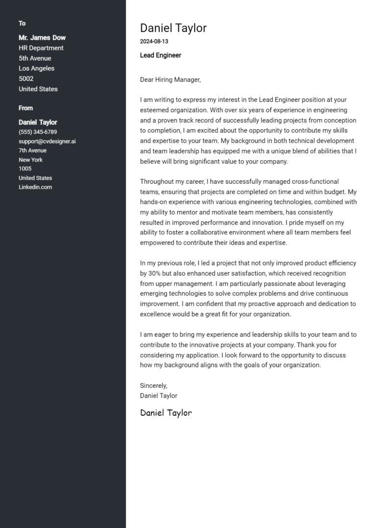 Lead Engineer Cover Letter Examples for 2025 (Downloadable)