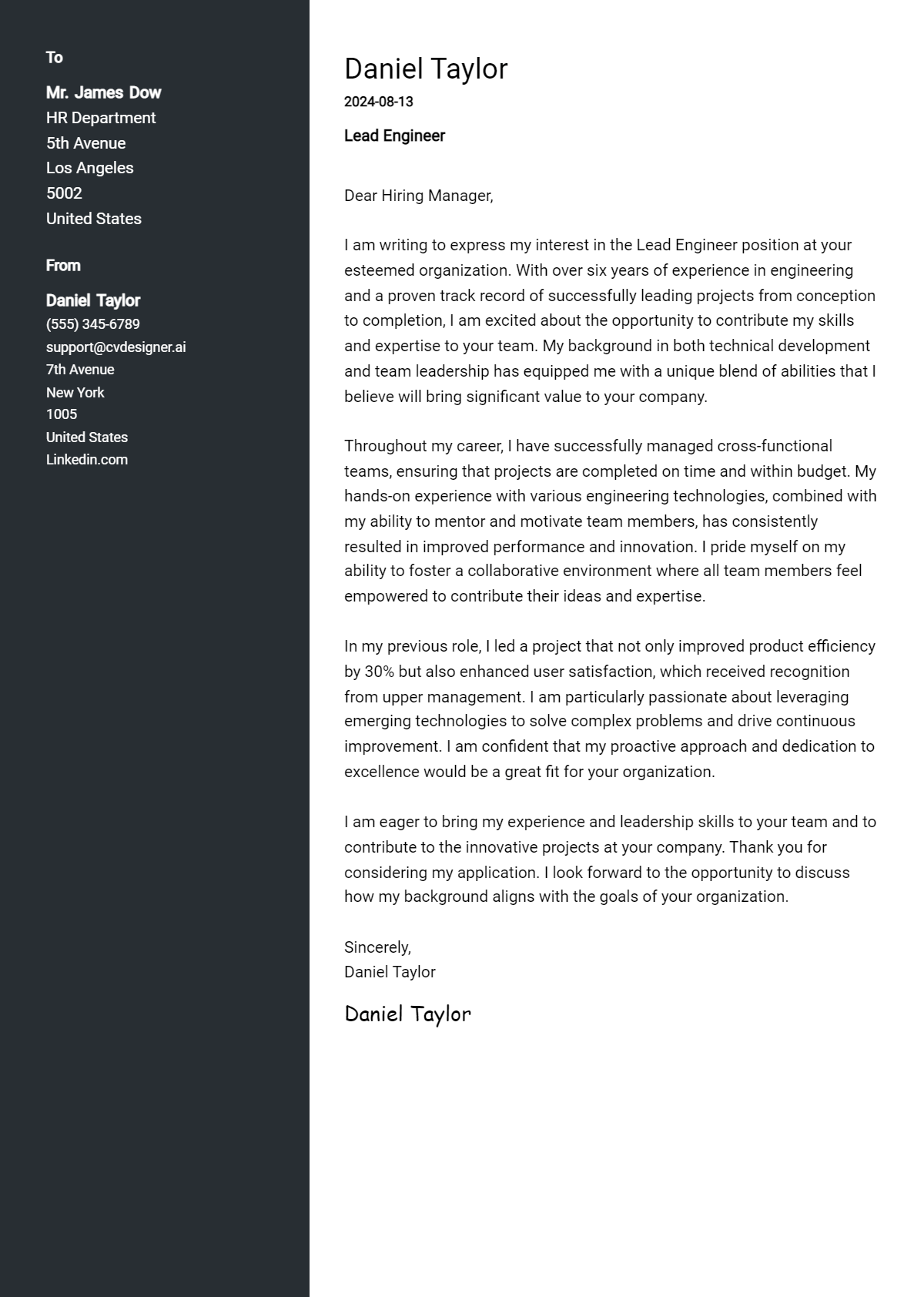 lead engineer cover letter example