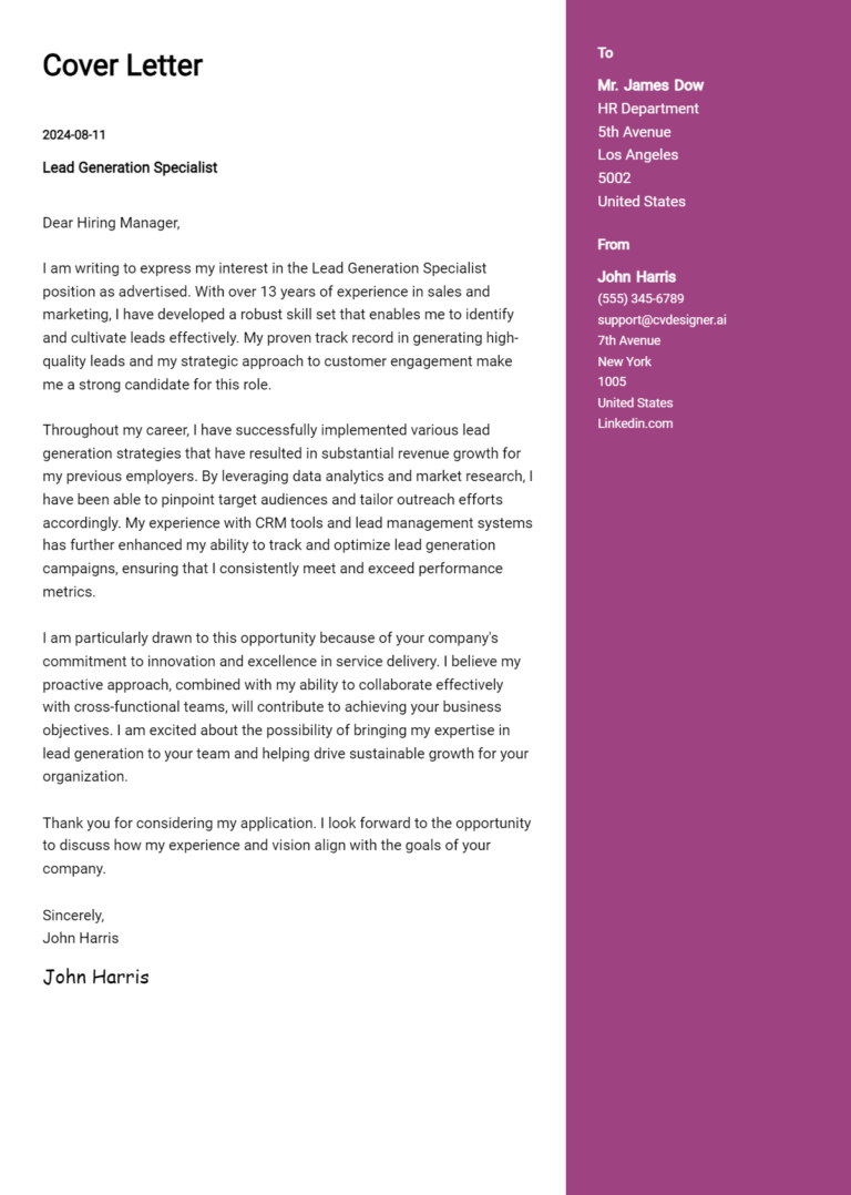 Lead Generation Specialist Cover Letter Example for 2025: Proven Tips