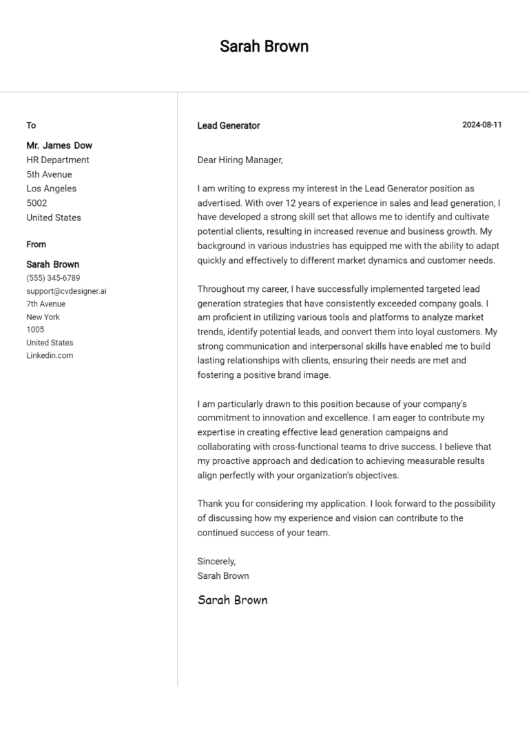 Lead Generator Cover Letter Example for 2025: Free Templates