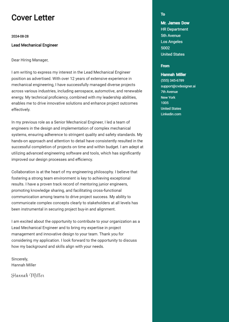 Lead Mechanical Engineer Cover Letter Examples for 2025 (Downloadable) 1 Lead Mechanical Engineer Cover Letter Examples for 2025 (Downloadable)