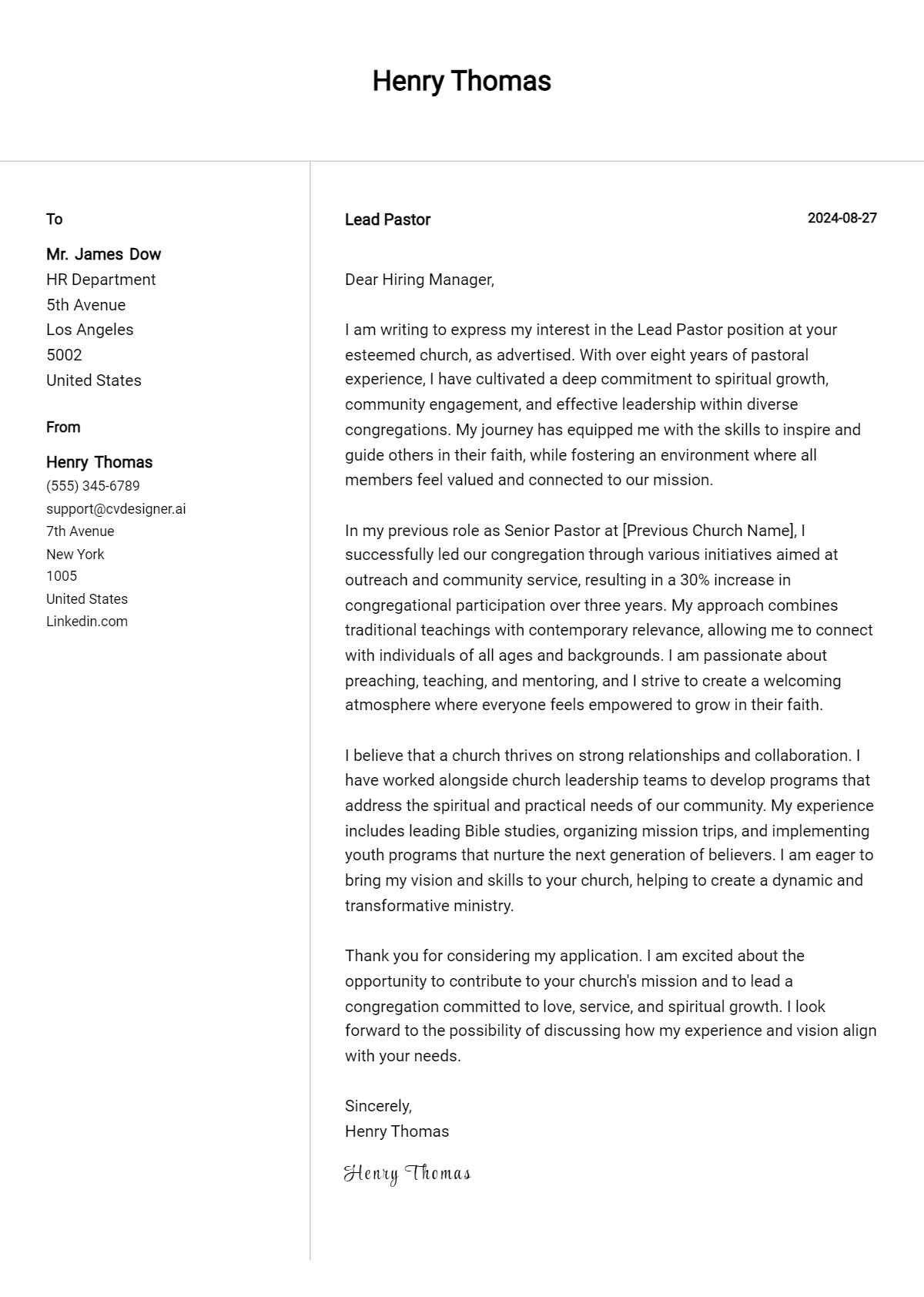 lead pastor cover letter example