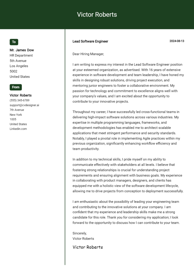 Lead Software Engineer Cover Letter Example for 2025: Free Templates
