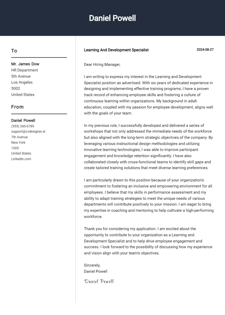 Learning And Development Specialist Cover Letter Example for 2025: Expert Tips & Templates