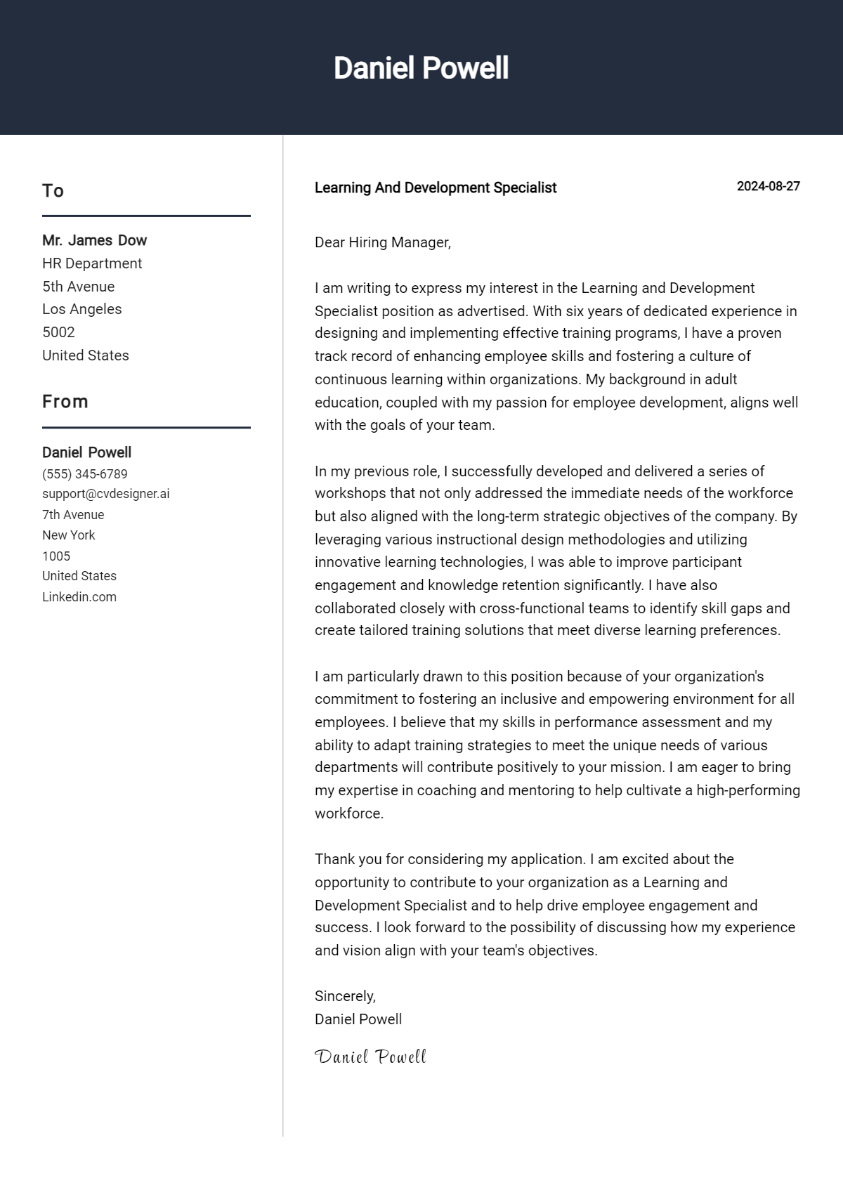 learning and development specialist cover letter example