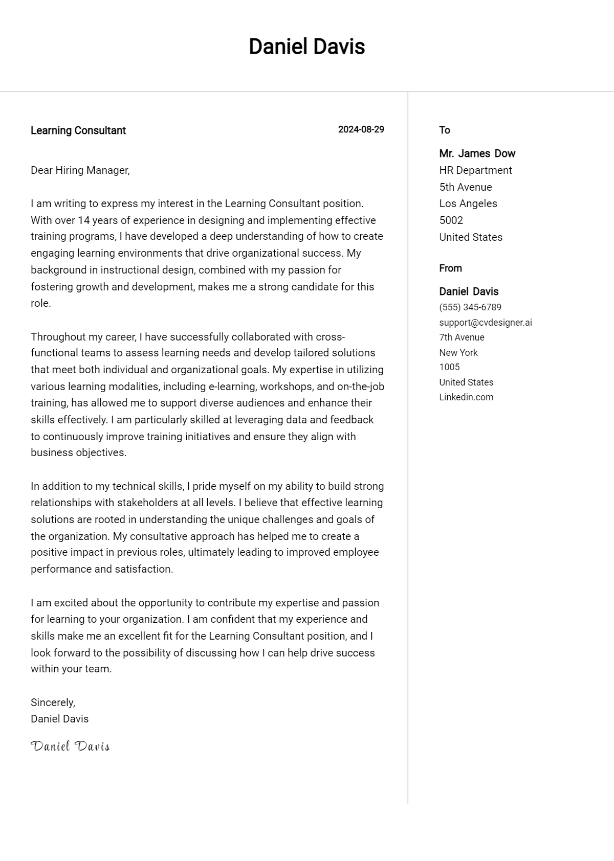 learning consultant cover letter example