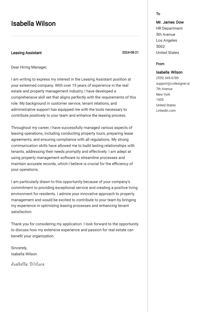 Leasing Assistant Cover Letter Example for 2025 (Complete Writing Guide)