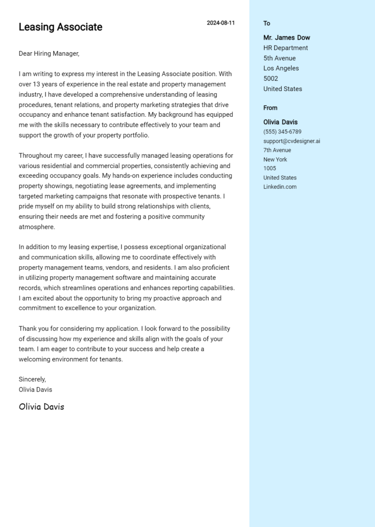 Leasing Associate Cover Letter Examples and Templates for 2025