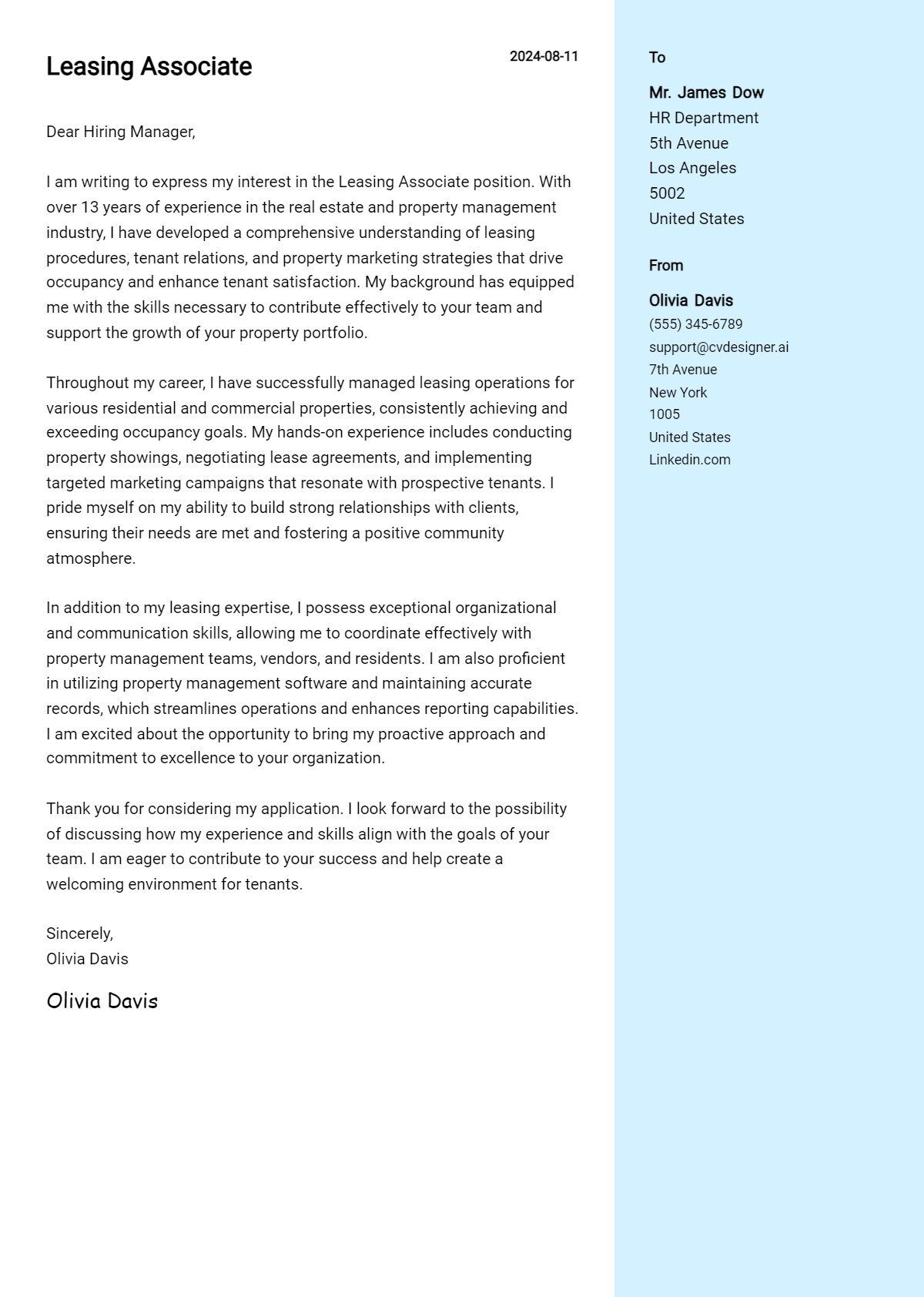 leasing associate cover letter example