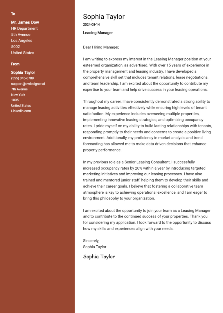 Leasing Manager Cover Letter Example for 2025: Free Templates