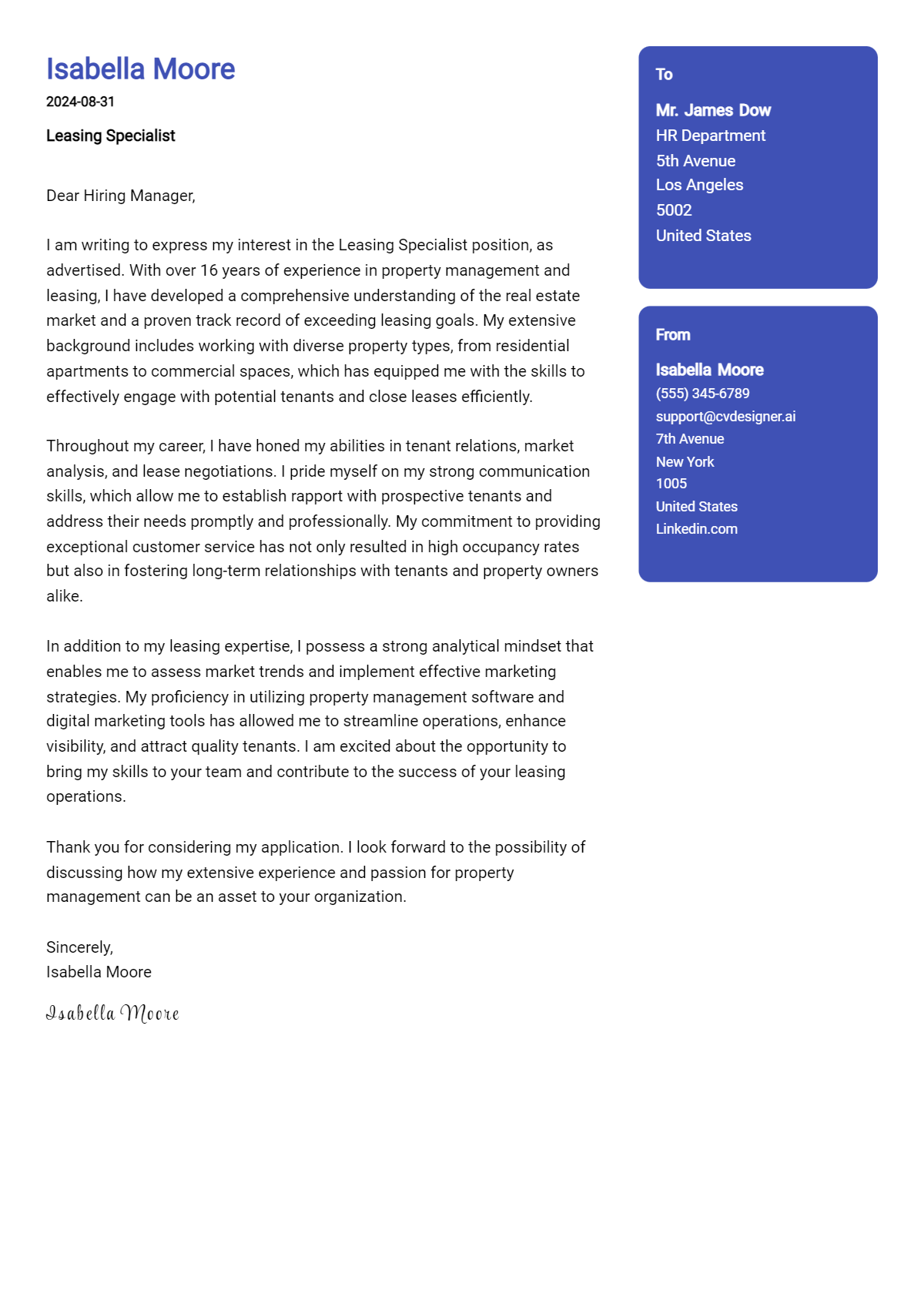 leasing specialist cover letter example