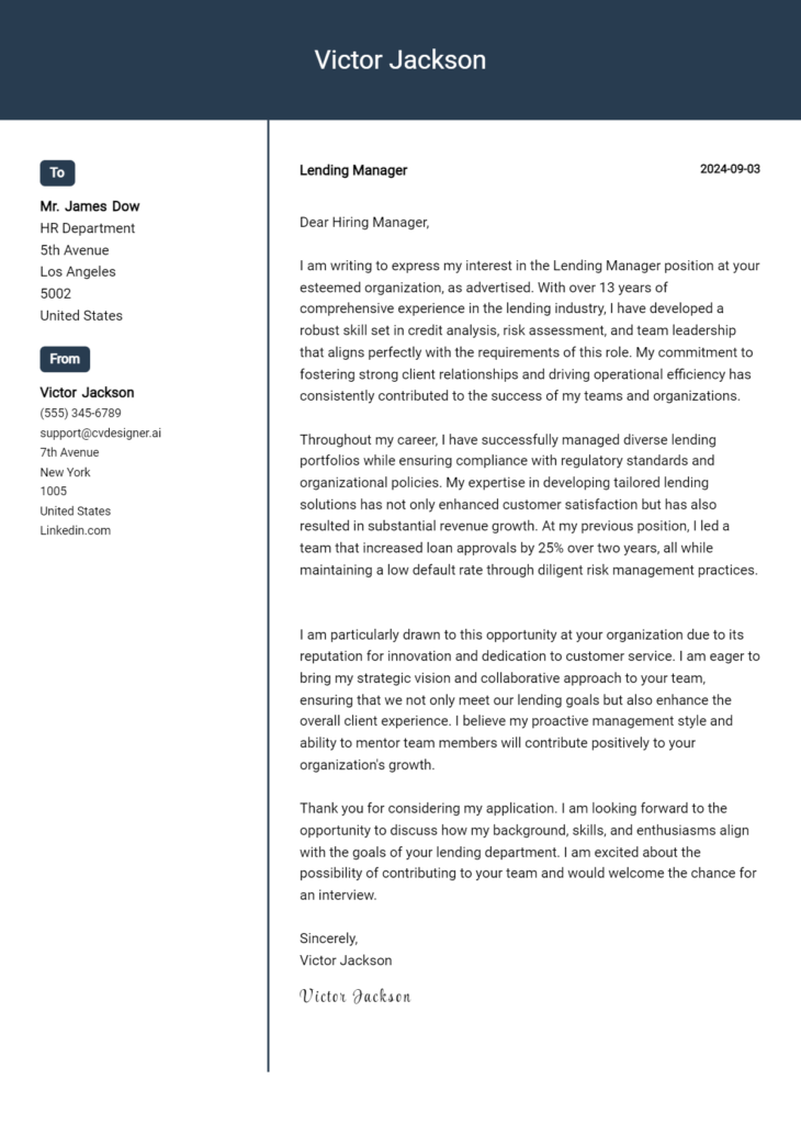 lending manager cover letter example