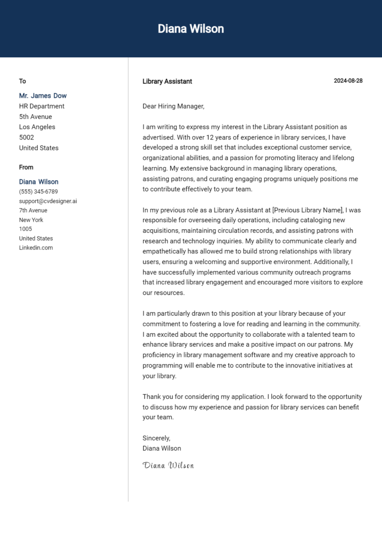 Library Assistant Cover Letter Example for 2025 (Complete Writing Guide)