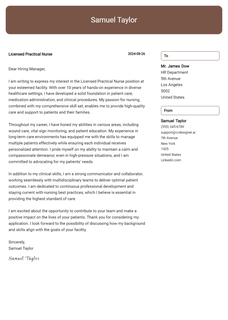 Licensed Practical Nurse Cover Letter Example for 2025 (Writing Guide)