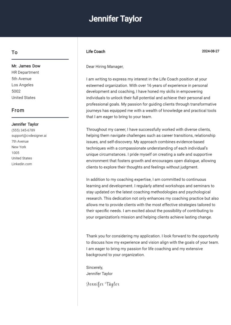 Life Coach Cover Letter Example for 2025: Ultimate Guide
