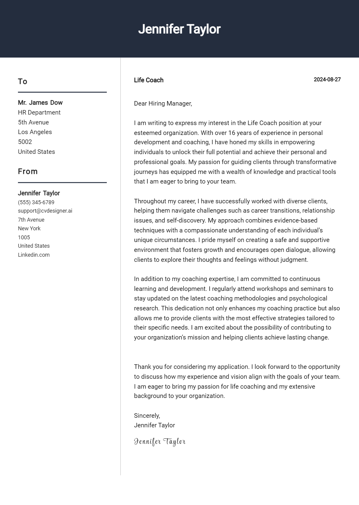 life coach cover letter example