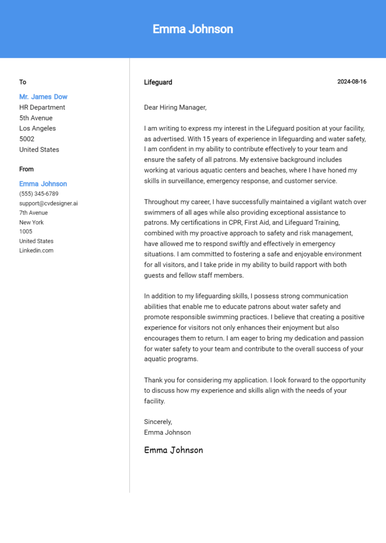 Lifeguard Cover Letter Examples & Samples for 2025