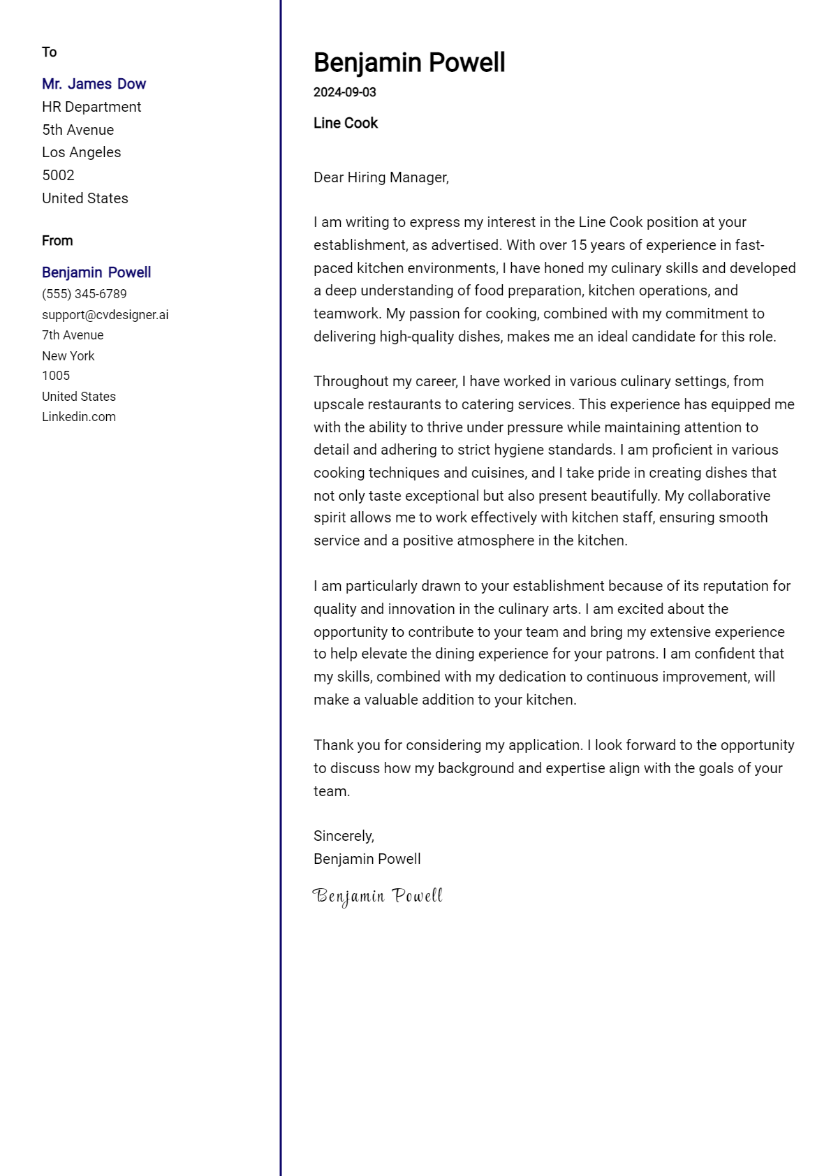 line cook cover letter example