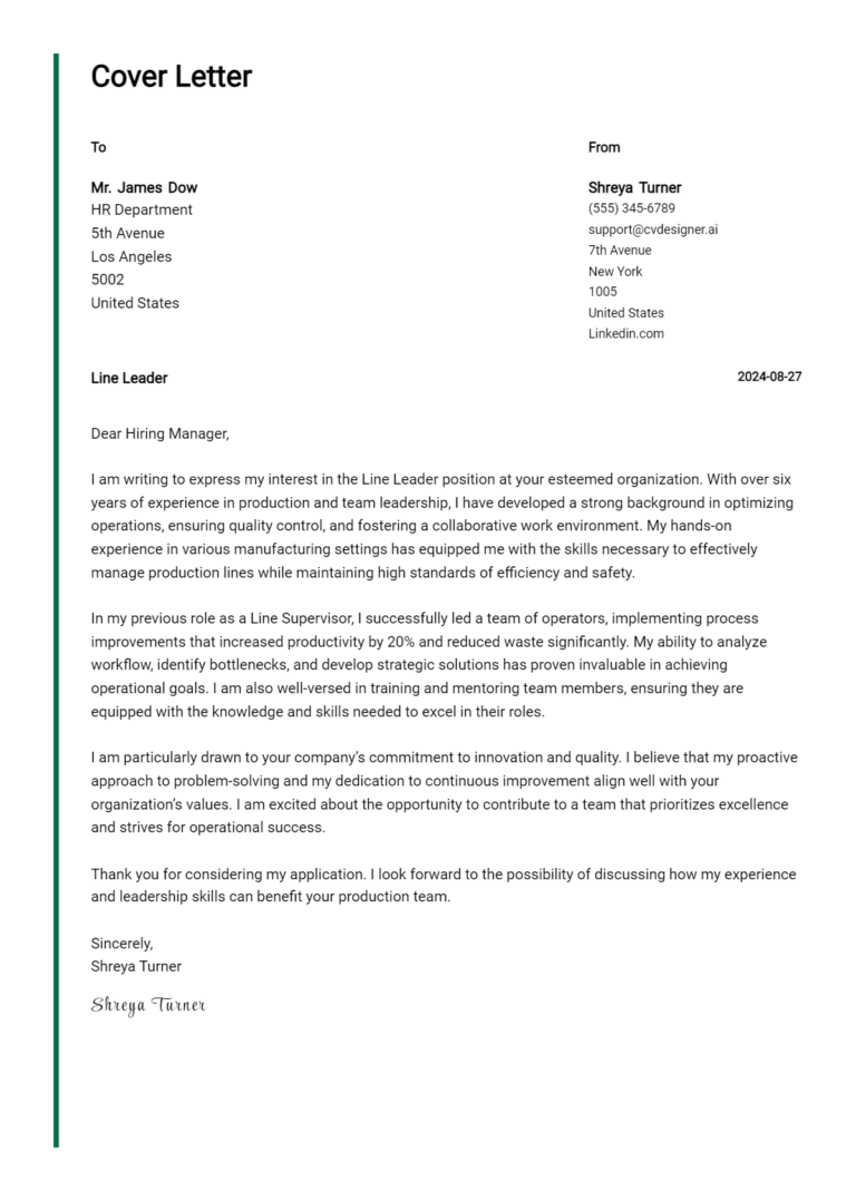 Line Leader Cover Letter Example for 2025 (Writing Guide)