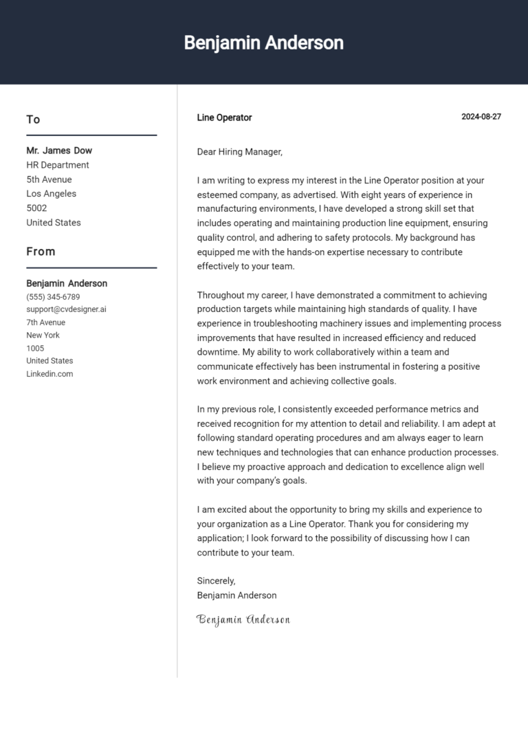 16 Line Operator Cover Letter Samples & Examples 2025