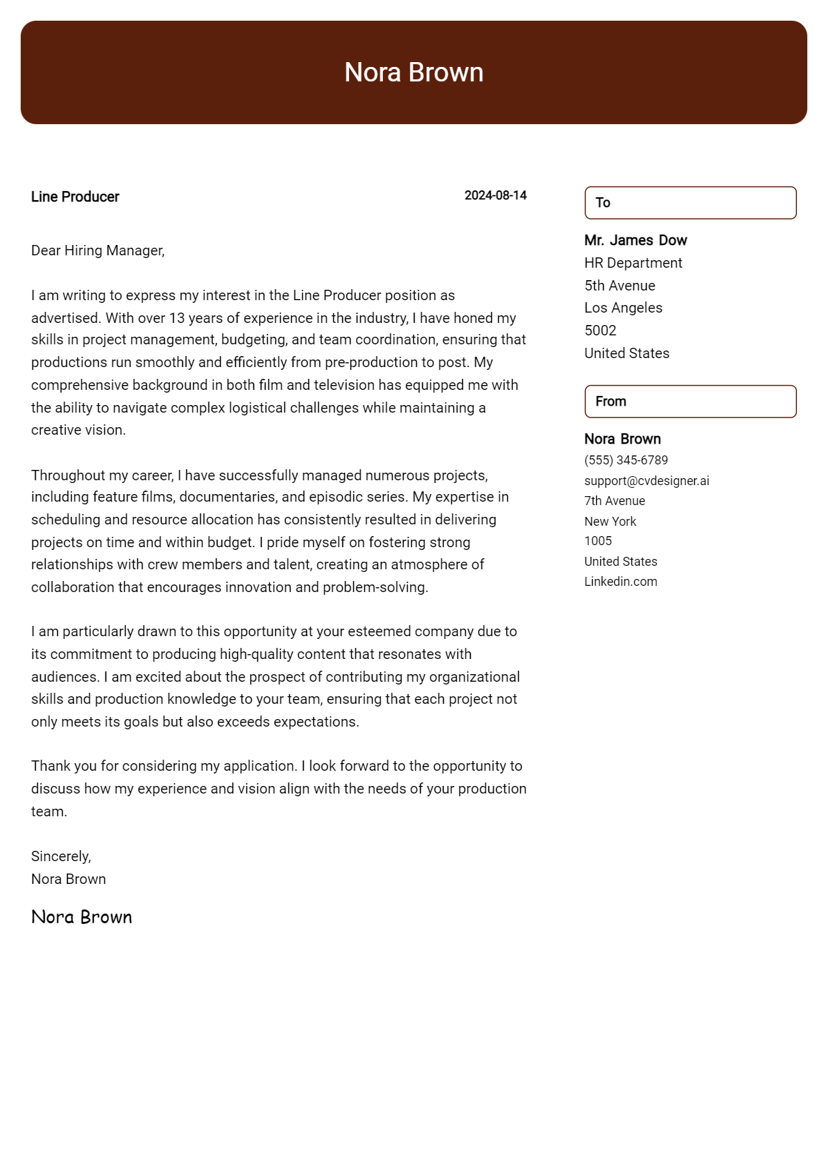 line producer cover letter example