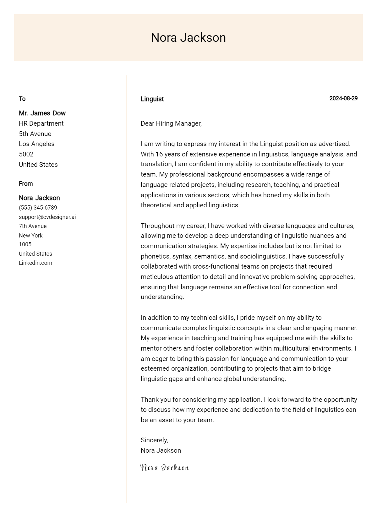 Linguist Cover Letter Samples & Examples 2024 - CVDesigner.ai