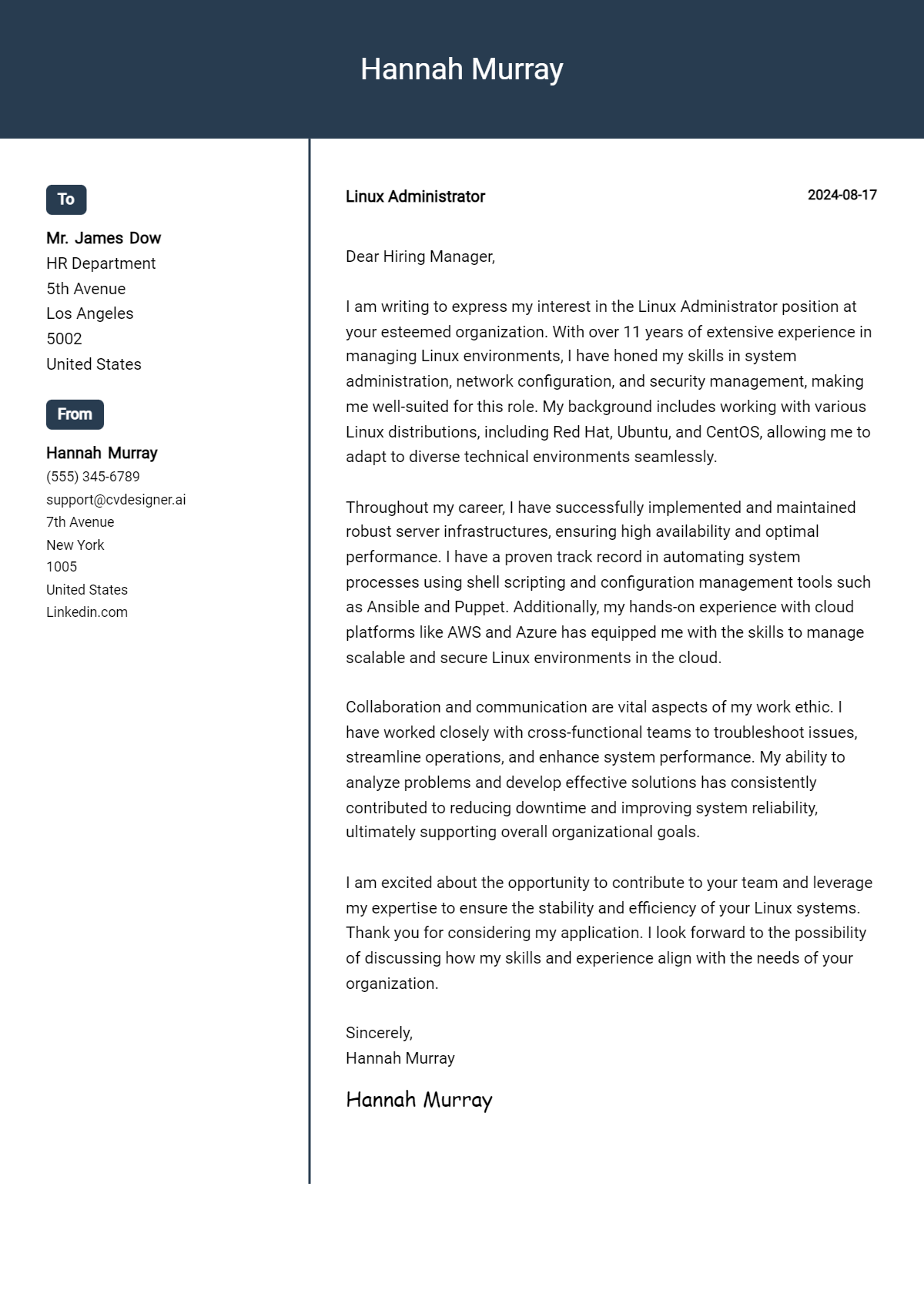 linux administrator cover letter example