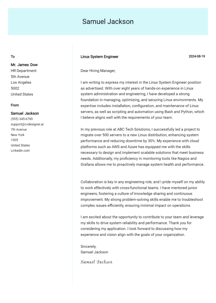 linux system engineer cover letter example