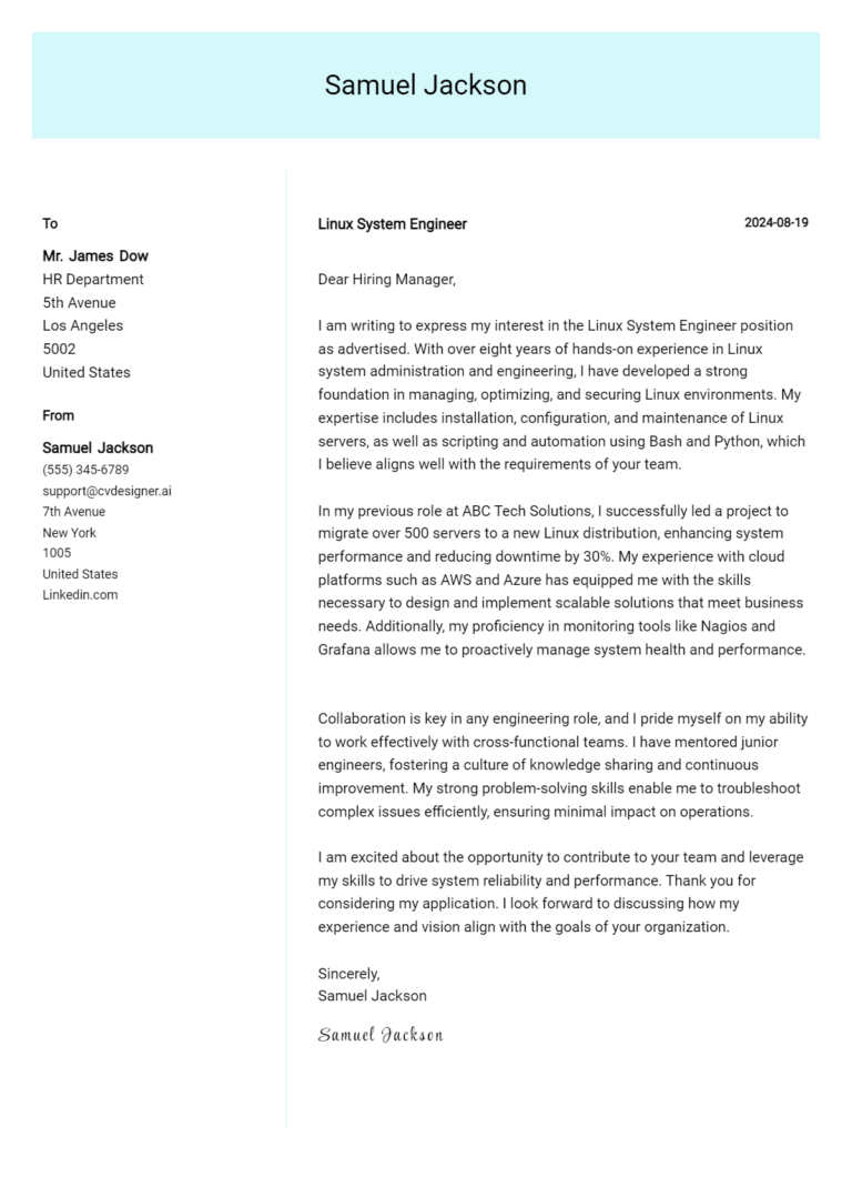 Linux System Engineer Cover Letter Example for 2025: Top CV Skills