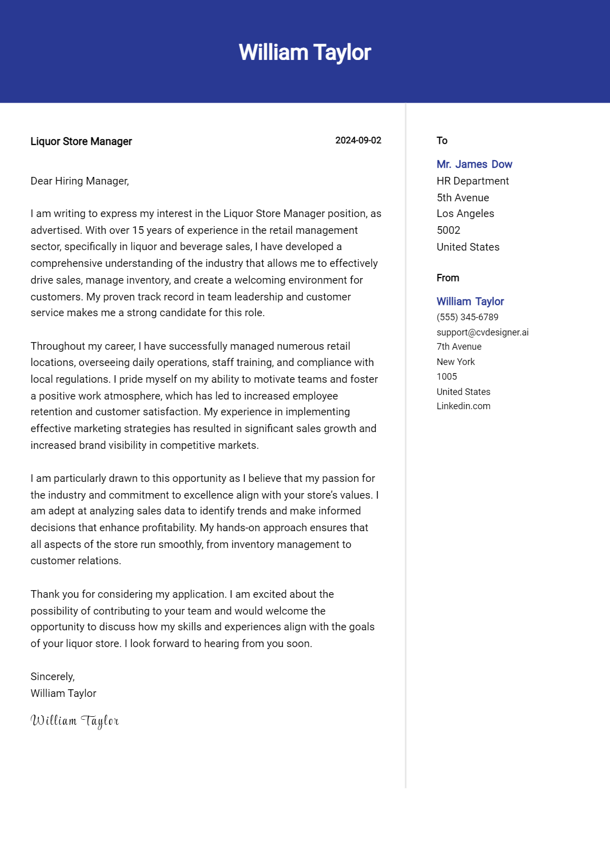 liquor store manager cover letter example