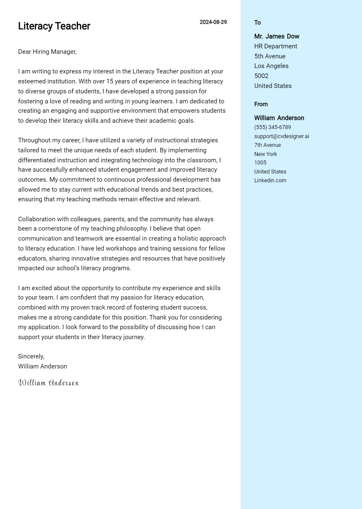 Literacy Teacher Cover Letter Example for 2024: Proven Tips - CVDesigner.ai