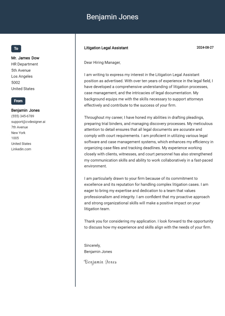 Litigation Legal Assistant Cover Letter Samples & Examples 2025