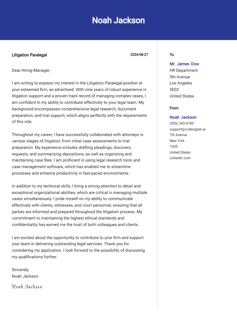 Litigation Paralegal Cover Letter Example for 2025: Proven Tips