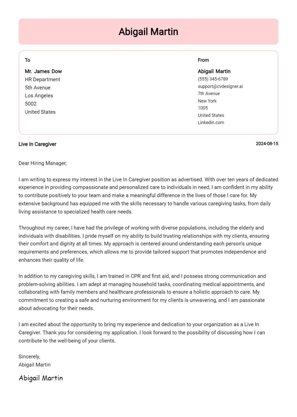 live in caregiver cover letter example