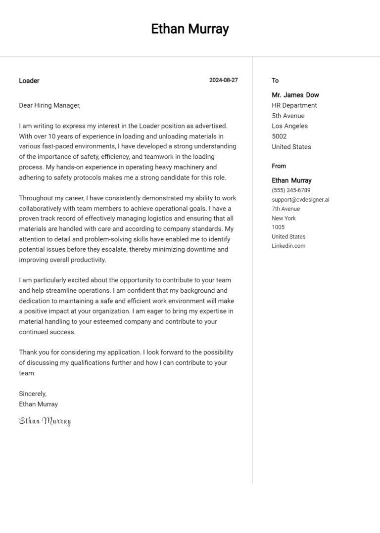 Loader Cover Letter Example for 2025 (Download Templates)