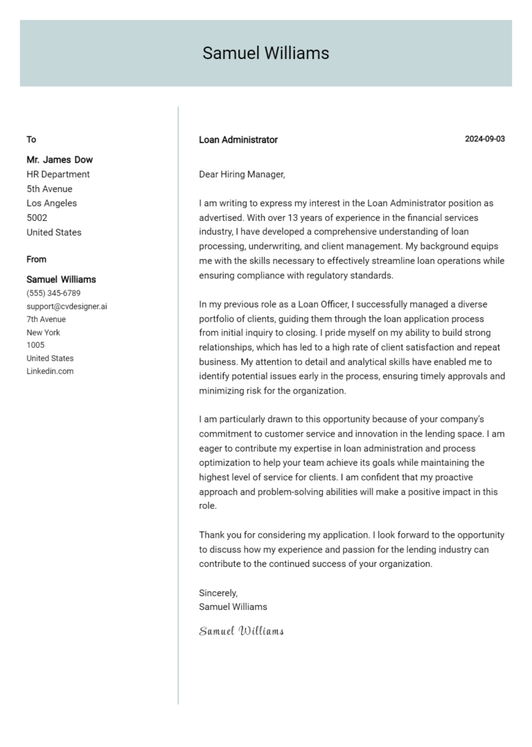 Loan Administrator Cover Letter Examples with Writing Tips for 2025